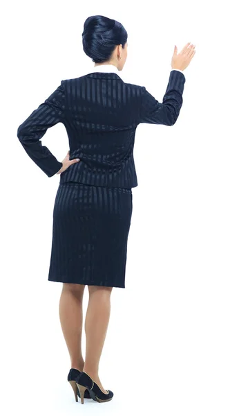 Lächelnde Geschäftsfrau zeigt und präsentiert, Ganzkörperporträt isolat — Stockfoto