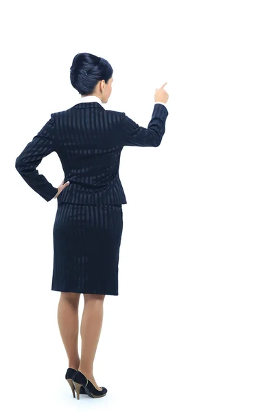 Smiling business woman pointing and presenting, full length portrait isolat — Stock Photo, Image