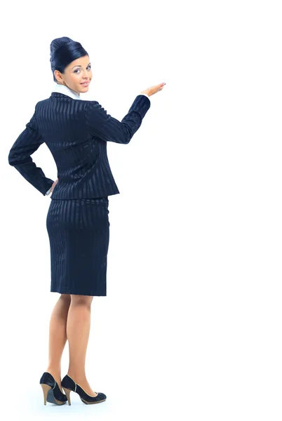 Sorrindo mulher de negócios apontando e apresentando, comprimento total retrato isolat — Fotografia de Stock