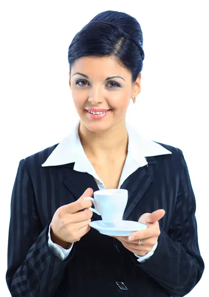 Портрет щасливої усміхненої ділової жінки, що п'є каву, ізольовані над w — стокове фото