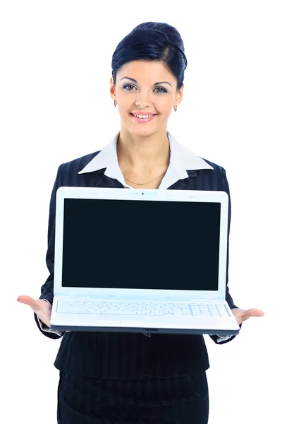 Beautiful young woman holding laptop — Stock Photo, Image
