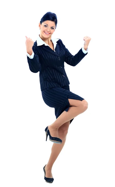 Porträtt av en attraktiv affärskvinna med armarna upp i firandet — Stockfoto