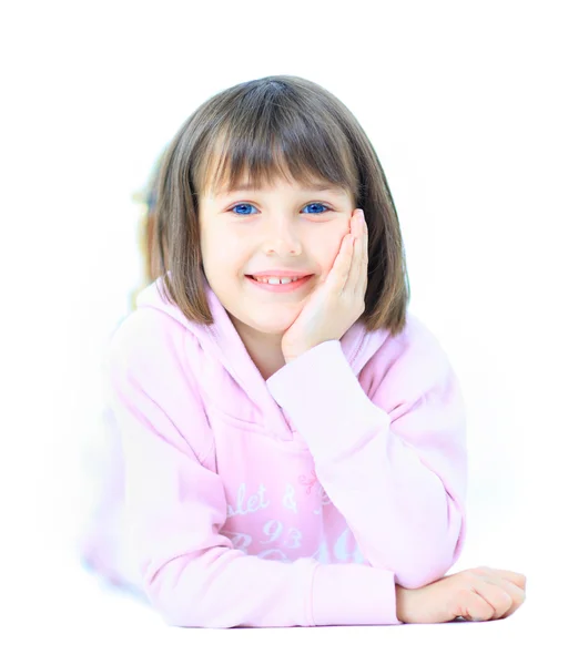 Mooi meisje kind glimlacht gelukkig in camera. geïsoleerd op — Stockfoto