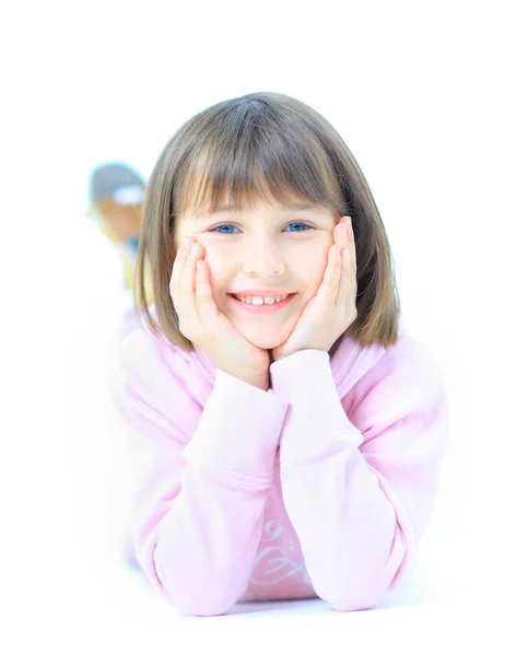 Young beautiful girl child smiles happy into camera. Isolated on — Stock Photo, Image