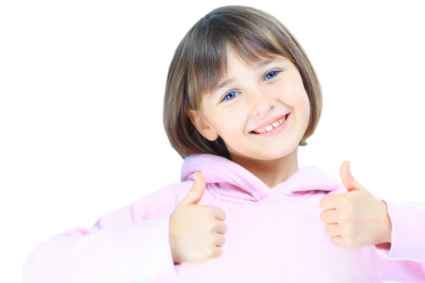 Young beautiful girl child shows thumb up. Isolated on white ba — Stock Photo, Image