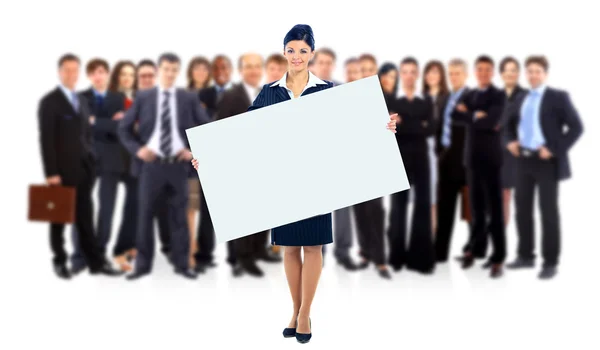 Skupina podnikání drží proužkové reklamy, izolované na bílém — Stock fotografie