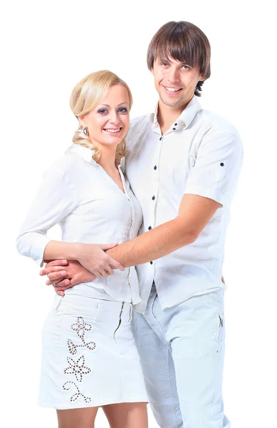 Portrait of a romantic young couple standing together over white — Stock Photo, Image