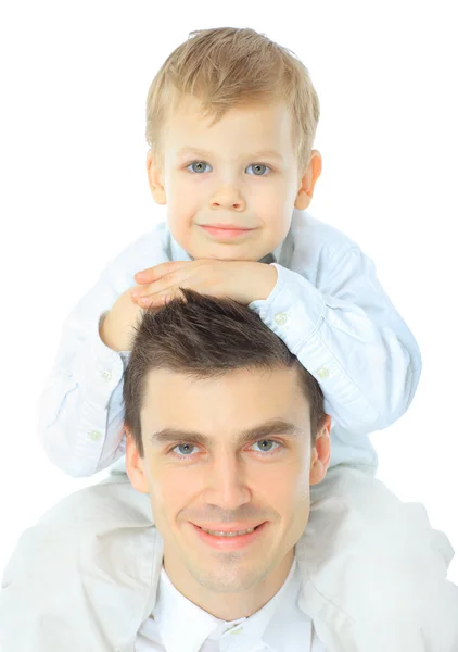 Portrait of happy father and son. Isolated on white — Stock Photo, Image
