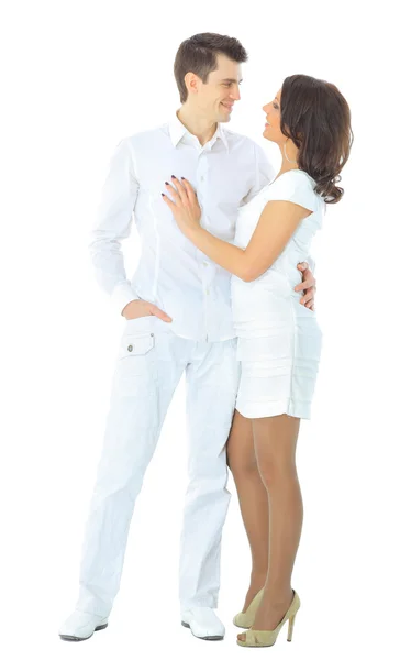 Portret romantyczna para młodych stojących razem nad biały backgrou — Zdjęcie stockowe