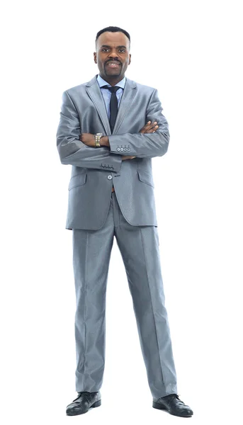 Ganzkörperporträt eines glücklichen Geschäftsmannes, der vor isoliertem weißen Hintergrund steht — Stockfoto