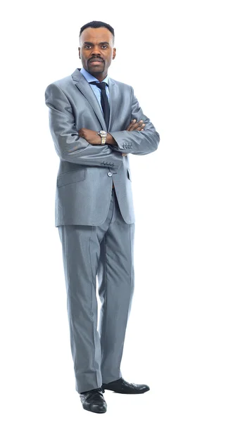 Retrato de comprimento total de um empresário feliz em pé contra fundo branco isolado — Fotografia de Stock