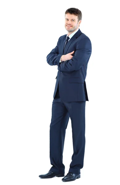 Ganzkörperporträt eines glücklich lächelnden Geschäftsmannes, isoliert auf weißem Hintergrund — Stockfoto