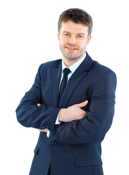 Portrait of a successful mature business man standing with folded hand on white background