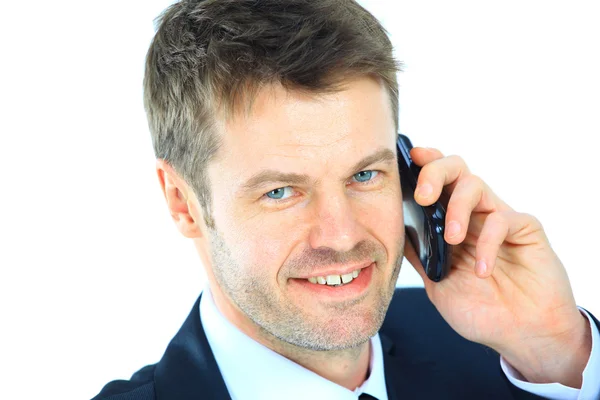 Πορτρέτο του casual επιχειρηματίας, μιλώντας στο κινητό τηλέφωνο. απομονωθεί σε λευκό. — Φωτογραφία Αρχείου