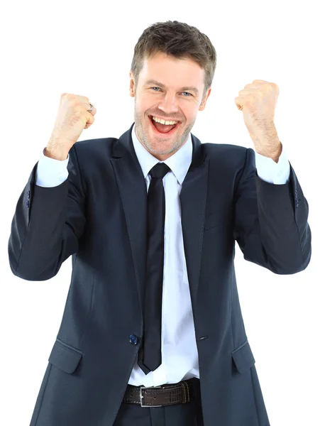 Portrait of a energetic young businessman enjoying success against white - Isolated Royalty Free Stock Photos