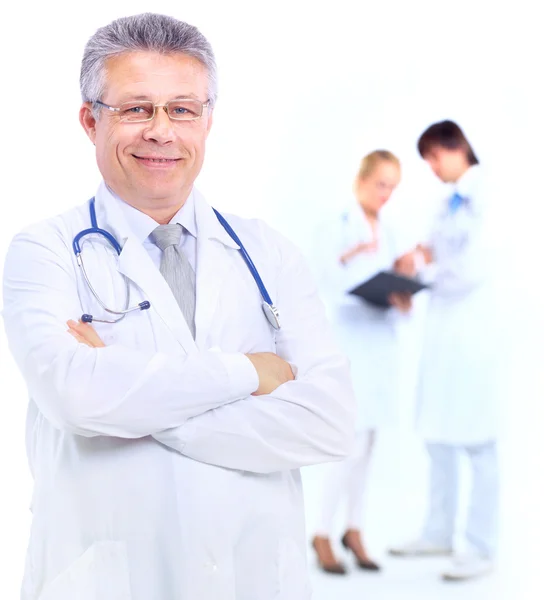 Smiling doctors with stethoscopes. Isolated over white background Stock Photo