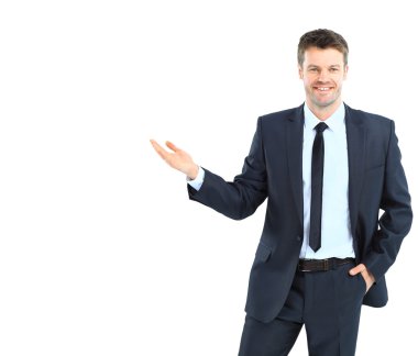 Happy business man presenting and showing with copy space for yo clipart