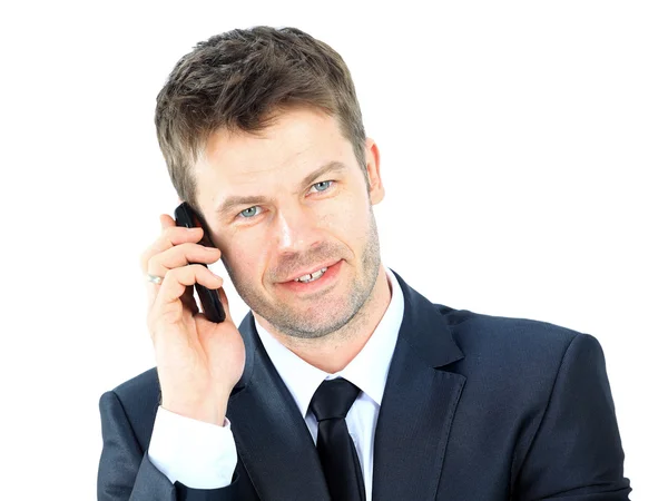 백색 backgrou에 고립 된 전화와 비즈니스 남자의 초상화 — 스톡 사진