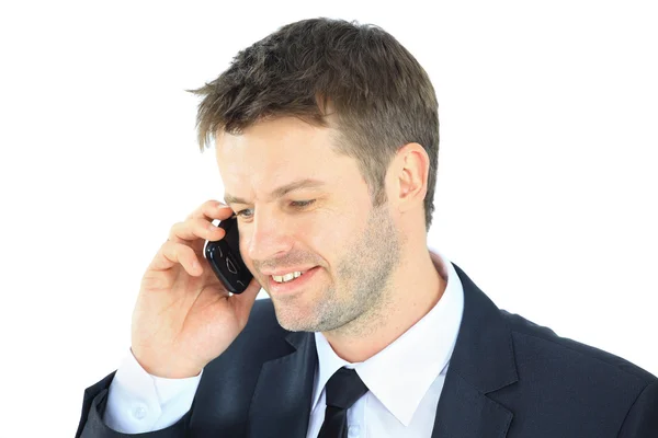 Πορτρέτο του ένα επιχειρησιακό άτομο με τηλέφωνο που απομονώνονται σε λευκό φόντο — Φωτογραφία Αρχείου