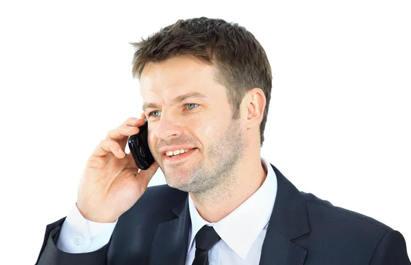 Porträt eines Geschäftsmannes mit Telefon isoliert auf weißem Hintergrund — Stockfoto