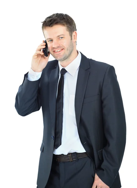 Retrato de um homem de negócios com telefone isolado no backgrou branco — Fotografia de Stock