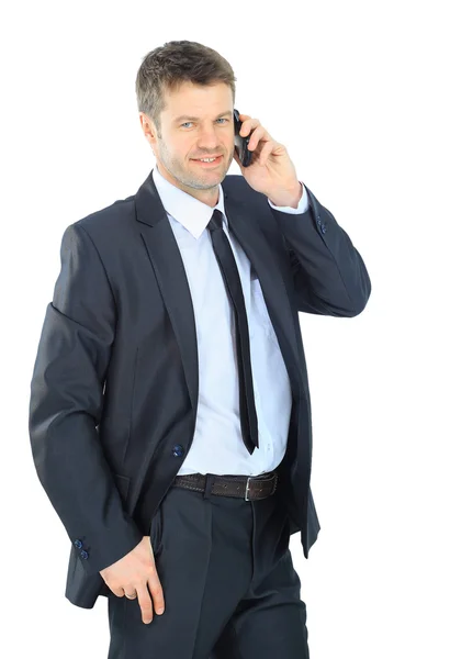 Portret van een zakenman met telefoon geïsoleerd op witte CHTERGRO — Stockfoto