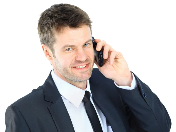 Ritratto di uomo d'affari con telefono isolato su backgrou bianco — Foto Stock