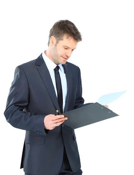 Affärsman skriva på klippbordet bära elegant kostym och slips isola — Stockfoto