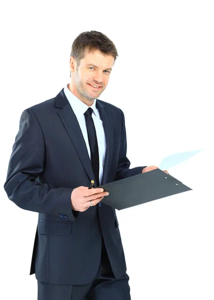 Empresario escribiendo en portapapeles llevar traje elegante y corbata isola —  Fotos de Stock