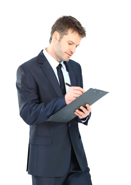 Empresario escribiendo en portapapeles llevar traje elegante y corbata isola — Foto de Stock