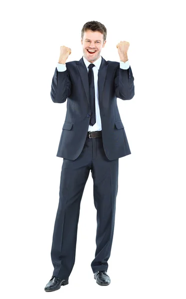 Izgatott jóképű üzletember, siker - Isol emelt karokkal — Stock Fotó