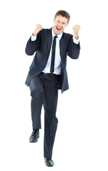 Empresário bonito animado com braços levantados em sucesso - Isol — Fotografia de Stock