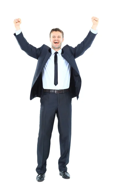 Emocionado hombre de negocios guapo con los brazos levantados en el éxito - Isol —  Fotos de Stock