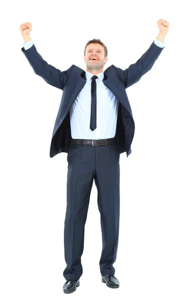 Emocionado hombre de negocios guapo con los brazos levantados en el éxito - Isol —  Fotos de Stock