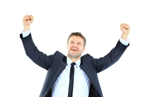 Ενθουσιασμένος ο άνθρωπος των επιχειρήσεων όμορφος με τα χέρια υψωμένα σε επιτυχία - isol — Φωτογραφία Αρχείου