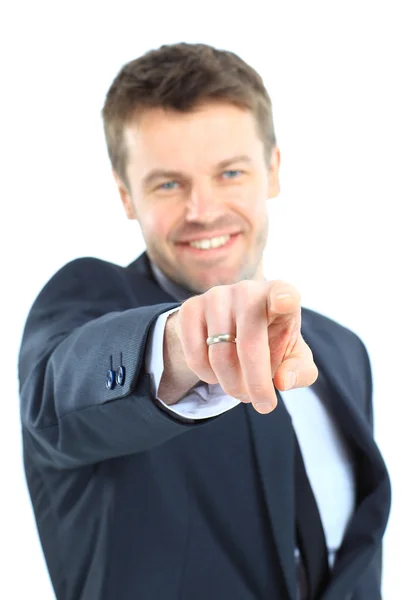 Šťastný obchodní muž prezentaci a ukazuje s kopií prostor pro — Stock fotografie