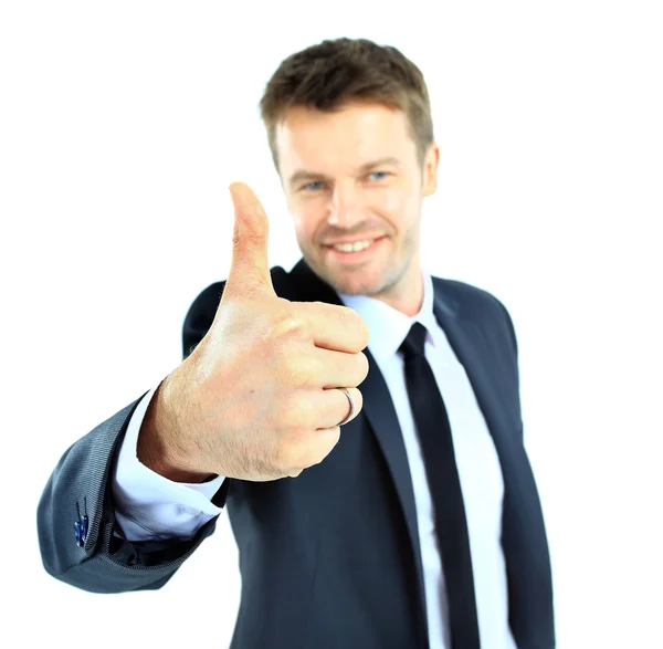 Boldog üzletember megy hüvelykujj felfelé, elszigetelt fehér — Stock Fotó