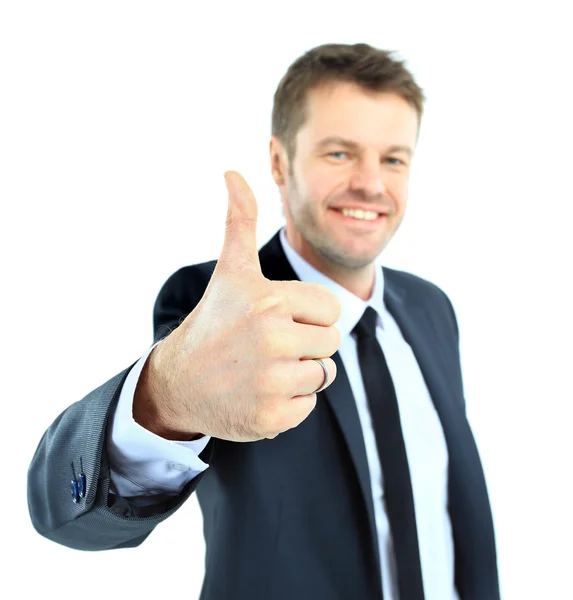 Szczęśliwy biznesmen będzie kciuki w górę, odizolowany na biały — Zdjęcie stockowe