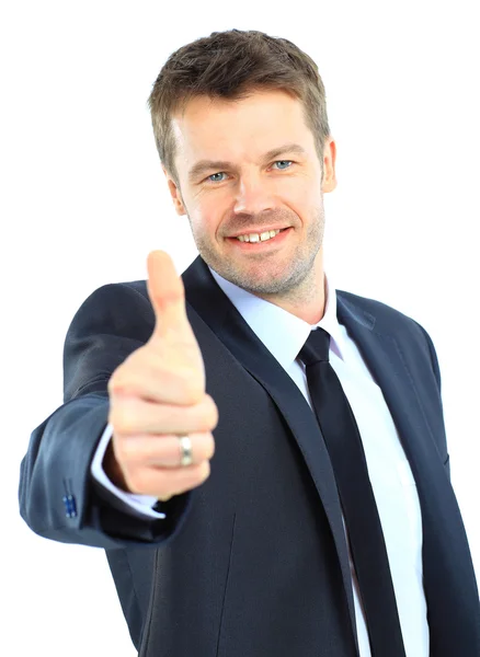 Счастливый бизнесмен собирается большие пальцы вверх, изолированные на белом — стоковое фото