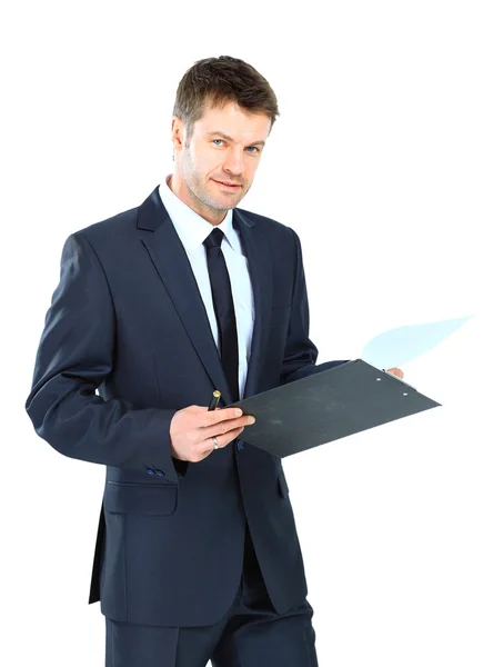 Businessman writing on clipboard wear elegant suit and tie isola Stock Photo