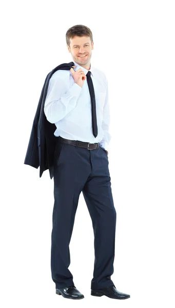 Portrét úspěšný manažer, drží svůj kabát přes rameno na bílém pozadí — Stock fotografie