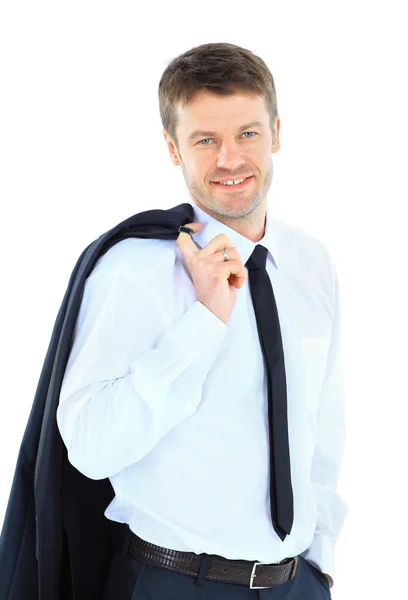Ceketini omzuna beyaz arka plan üzerinde tutan bir başarılı bir iş icra portresi — Stok fotoğraf