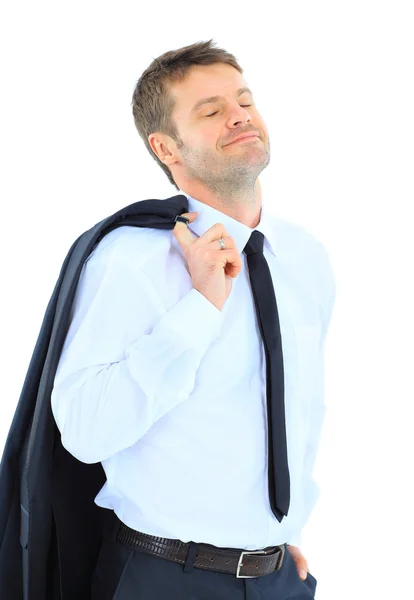 Portrét úspěšný manažer, drží svůj kabát přes rameno na bílém pozadí — Stock fotografie