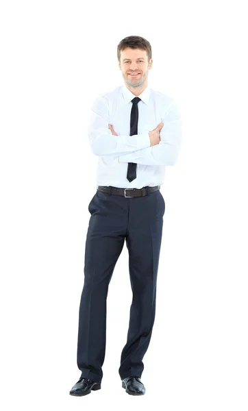 Volledige lichaam portret van gelukkig lachend jonge business man, geïsoleerd op witte achtergrond — Stockfoto