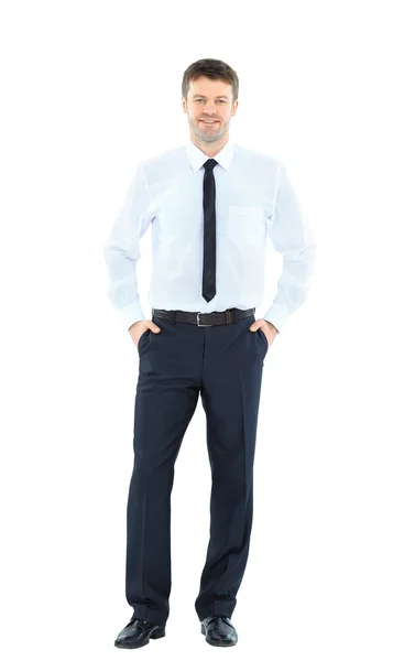 Full body portrait of happy smiling young business man, isolated on white background — Stock Photo, Image