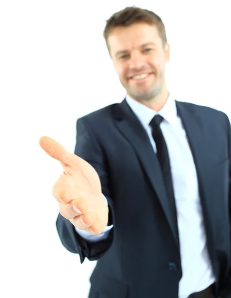 Ritratto di felice uomo d'affari sorridente che dà mano per stretta di mano, isolato su sfondo bianco — Foto Stock