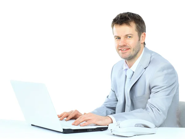 Portrait of young confident business man with laptop — Stock Photo, Image