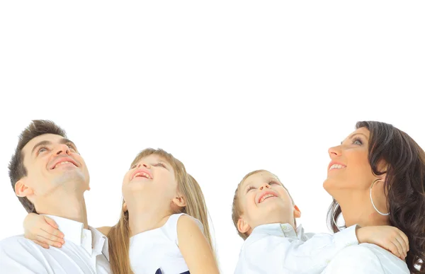 Photo of happy family looking upwards on white background — Stock Photo, Image
