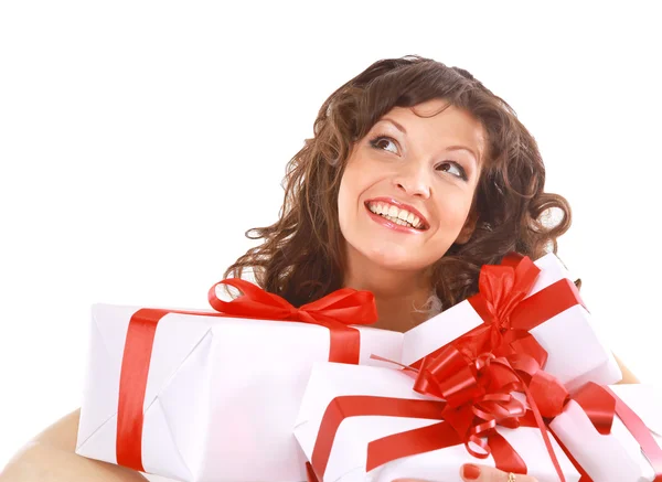 Donna attraente eccitata con molte scatole regalo e borse — Foto Stock