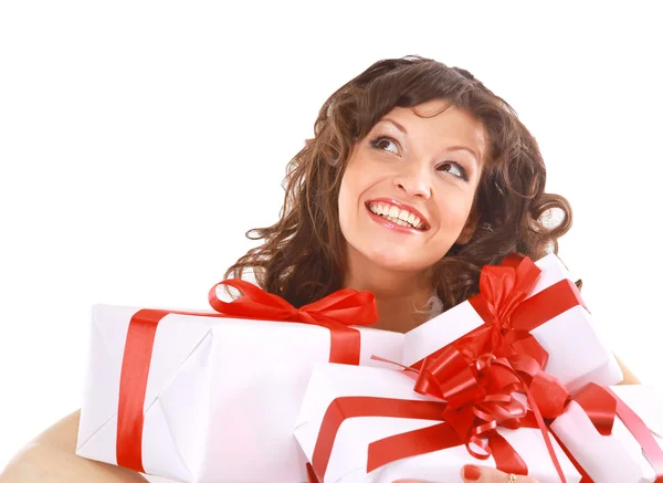 Excited attractive woman with many gift boxes and bags — Stockfoto